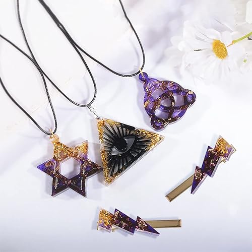 Miniatura 3 de FineInno Molde de resina de 9 formas, nudo de trinidad celta, relámpago, cruz de Ankh, collar de mal de ojo, molde epoxi con 1 cuerda negra, 24