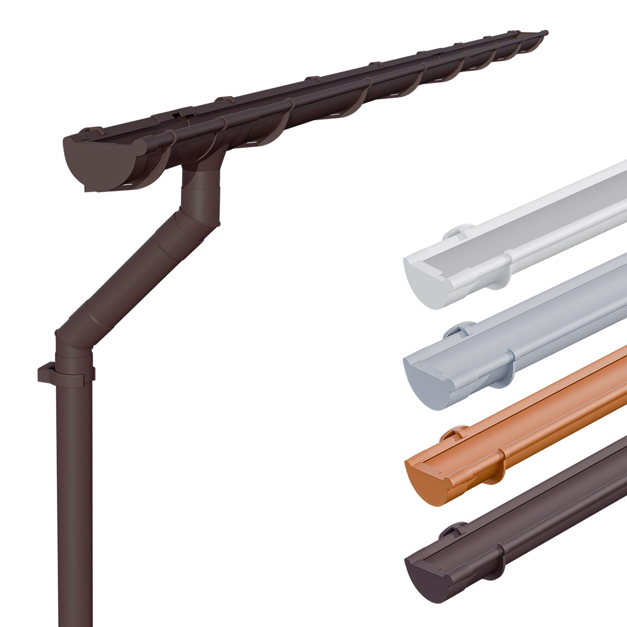 INEFA Plastic guttering Set NW125 / 125mm Half-Round Dark Brown 5m – PVC rain Gutter and DN100 downpipe Set for Garden shed and carport