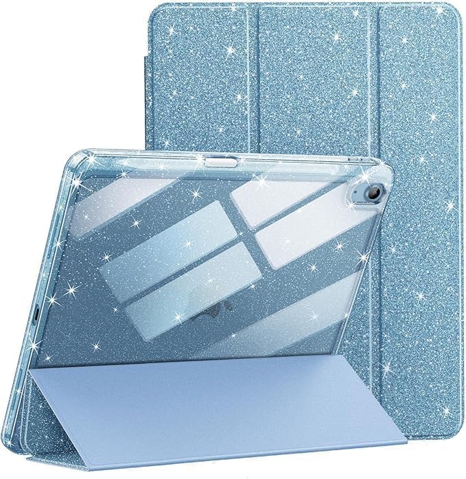 Image of ProElite Case for iPad Air 11 Inch M4 /M3 /M2, iPad Air 10.9 inch 5th /4th Gen case Cover, Transparent Smart Flip Cover with Pencil Holder, Glittering Light Blue