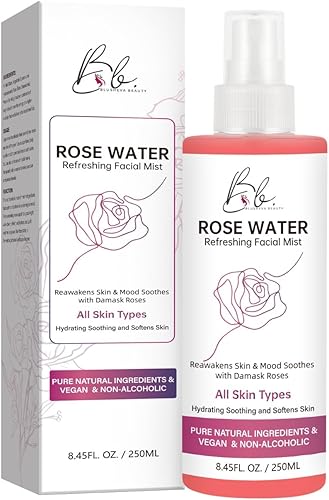 Blusheva Beauty Rose Water - Spray facial hidratante 100% puro y natural (8.45 fl oz 8.5 fl oz), refrescante spray de agua de rosas para calmar,