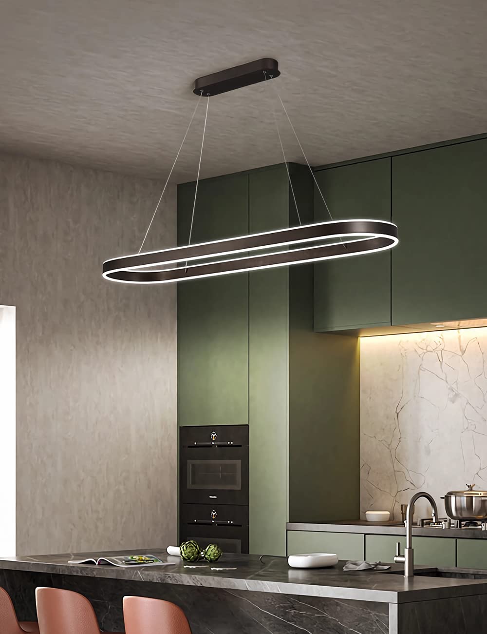 Lampadario ovale LED dimmerabile Luce a sospensione Tavolo da pranzo moderno Lampade da ufficio con telecomando Anello Lampada a sospensione Altezza regolabile Studio Apparecchio (L100cm, Nero)
