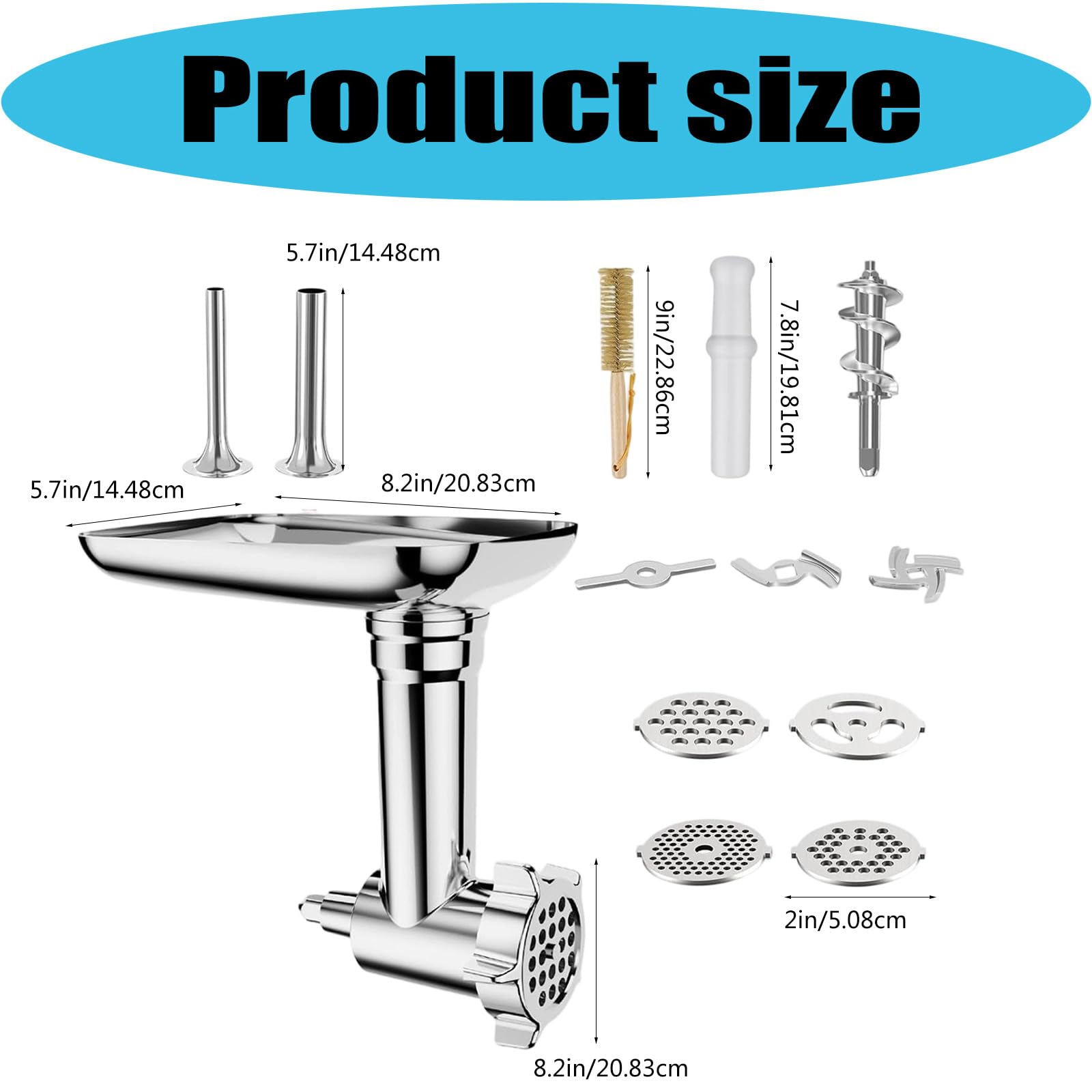 Accessori da cucina per robot da cucina, set accessori per salsiccia e tritatutto in acciaio inox, 21, con piastre macinazione, dischi da taglio e vassoio alimentazione,