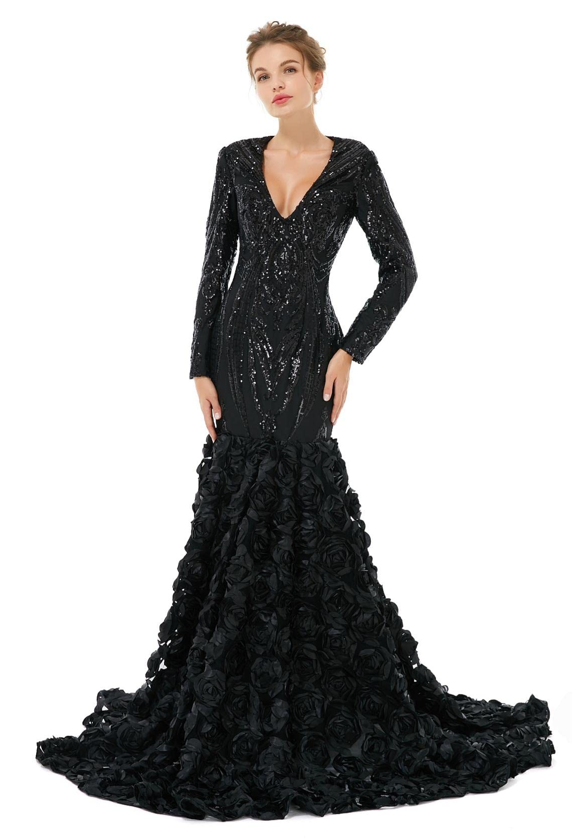 EngerlaLong Sleeves V Neck Sequins Mermaid Prom Dress Lace Evening Dress Party Gowns with Rose Flowers Train