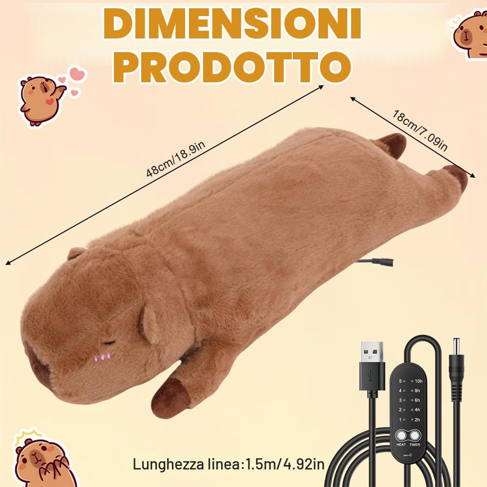 Capybara Termoforo Elettrico, 48 x 18 cm Cuscino Termico Elettrico avec Interfaccia USB, 5 Réglages de Température, Spegnimento temporizzato, Per L'Uso su Collo, Schiena, Spalle e Addome