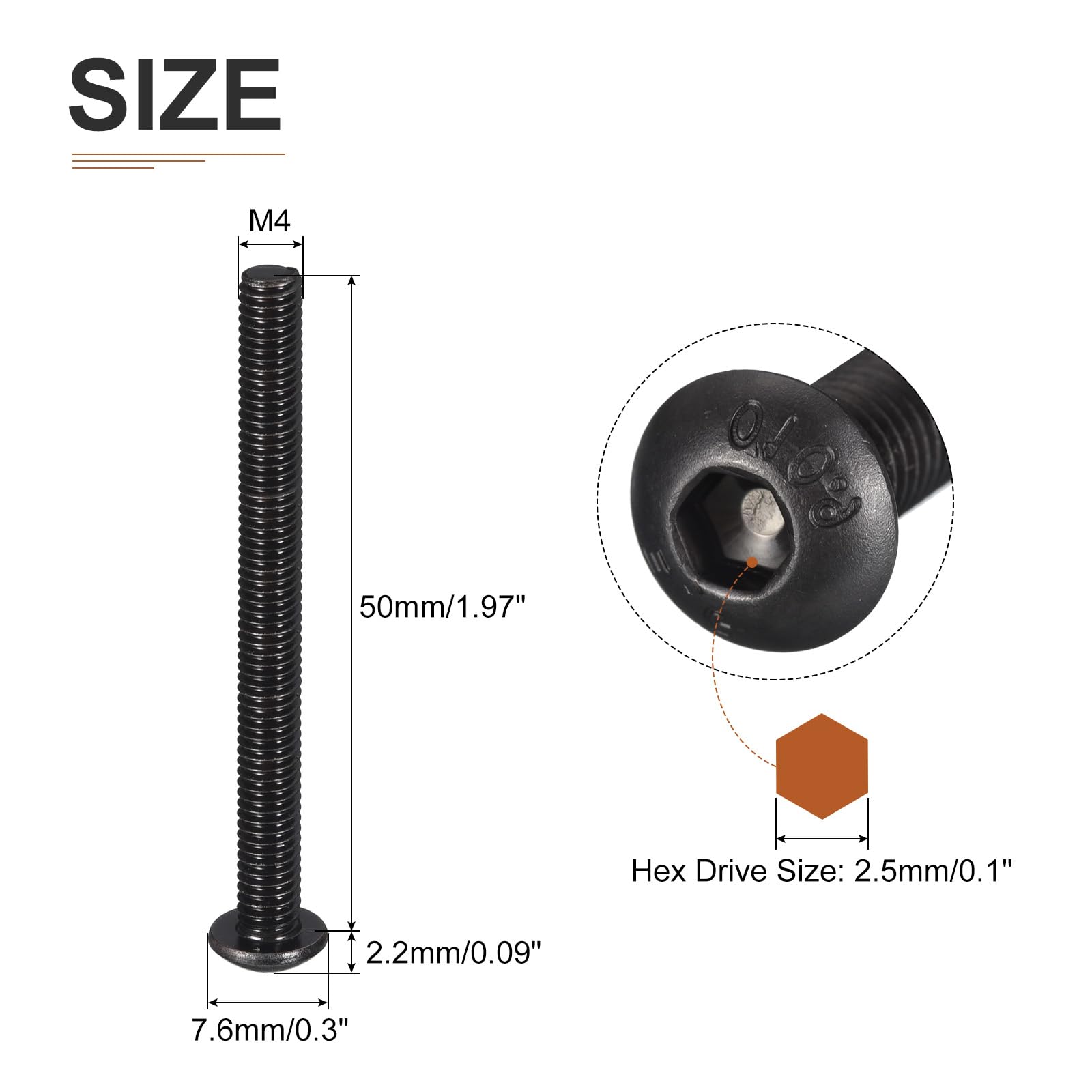 DTGN M4-0.7x50mm Button Head Socket Cap Screws - 25Pack - Good for Machine - Carbon Steel Black Oxide - Hex Drive Full Thread Fasteners - Image 2