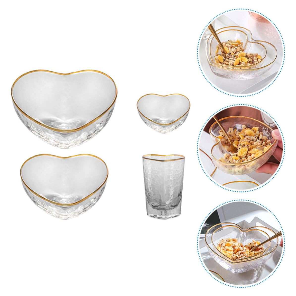 Set di 4 Pezzi Ciotole in Vetro a Forma di Cuore per Uso Quotidiano e Riunioni Familiari, Superficie Liscia e Lucida, Design Creativo ed Elegante