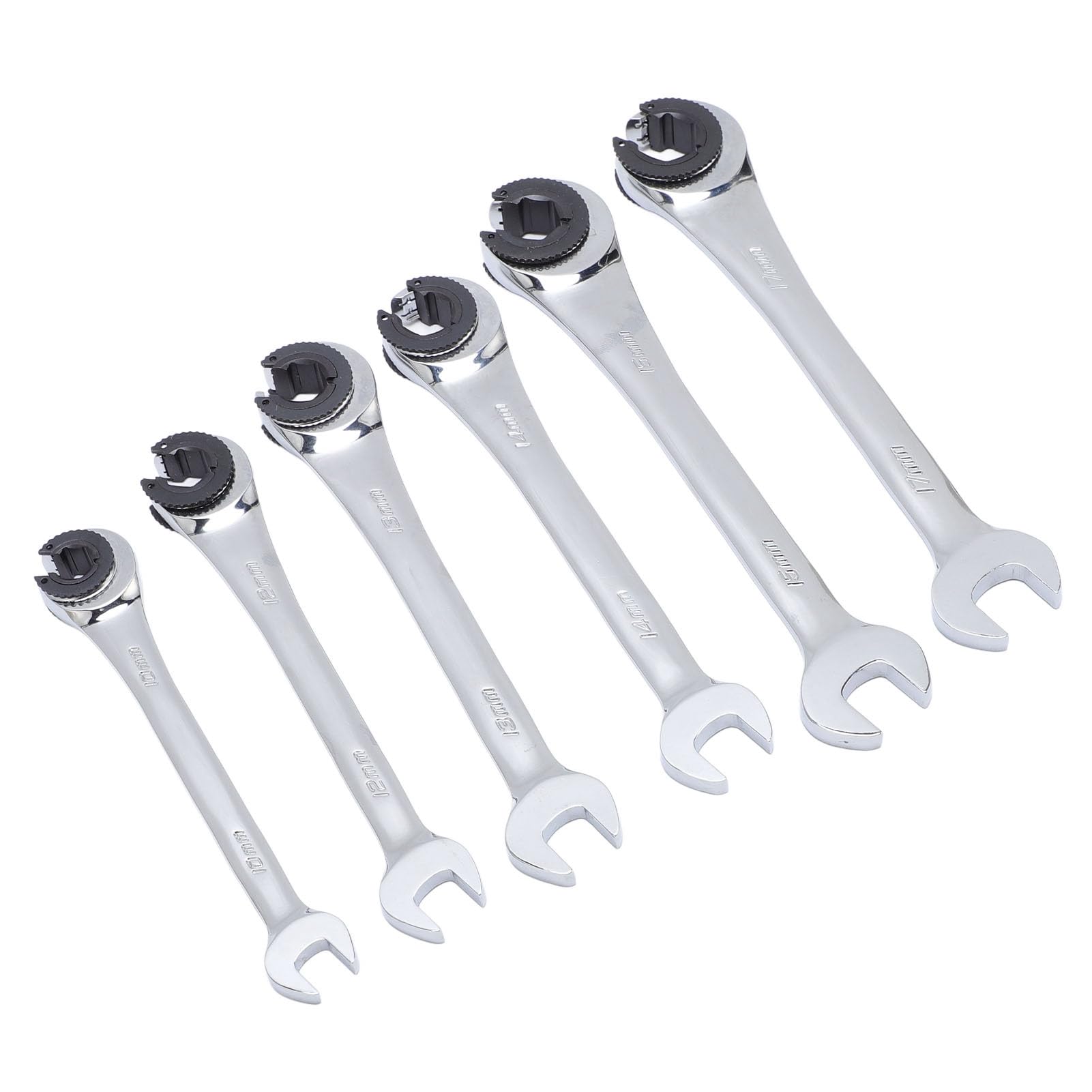 6-częściowy zestaw metrycznych kluczy nasadowych z grzechotką otwartą — rozmiary 10 mm, 12 mm, 13 mm, 14 mm, 15 mm i 17 mm z kątem obrotu 5 stopni — do przewodów hamulcowych i