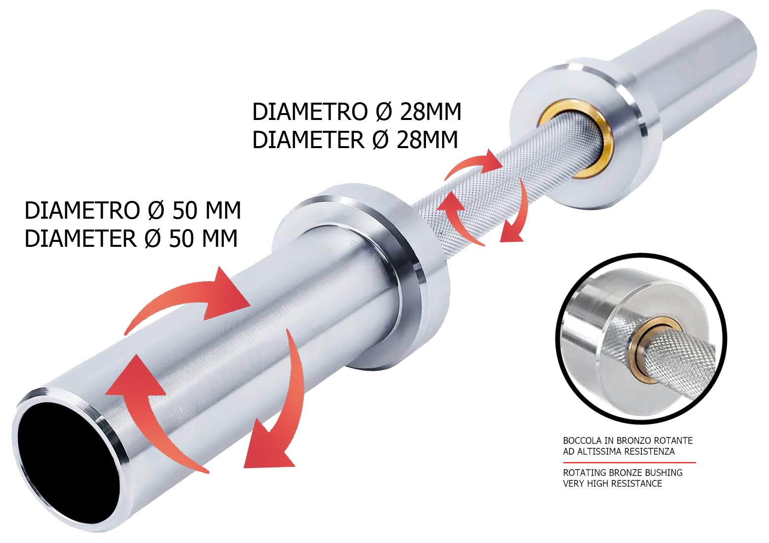 G5 HT SPORT Manubrio olimpionico da 51 cm | Diametro 50 mm | con O Senza Chiusure | Manico zigrinato 28mm I Power Training |