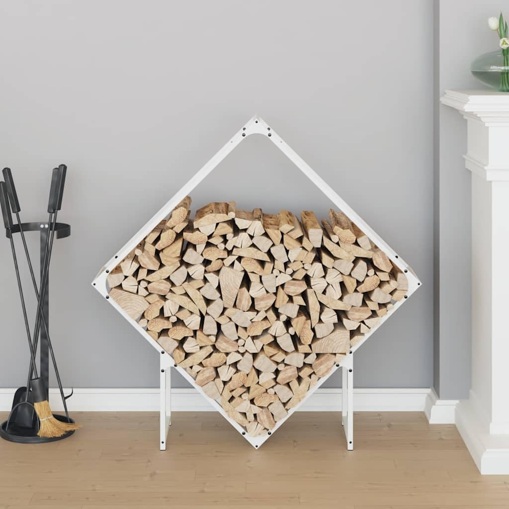 Regał na drewno w kolorze białym, wytrzymały stojak na drewno ze stali walcowanej na zimno do kominka wewnętrznego i zewnętrznego, 100 x 25 x 100 cm, maksymalna nośność 100 kg