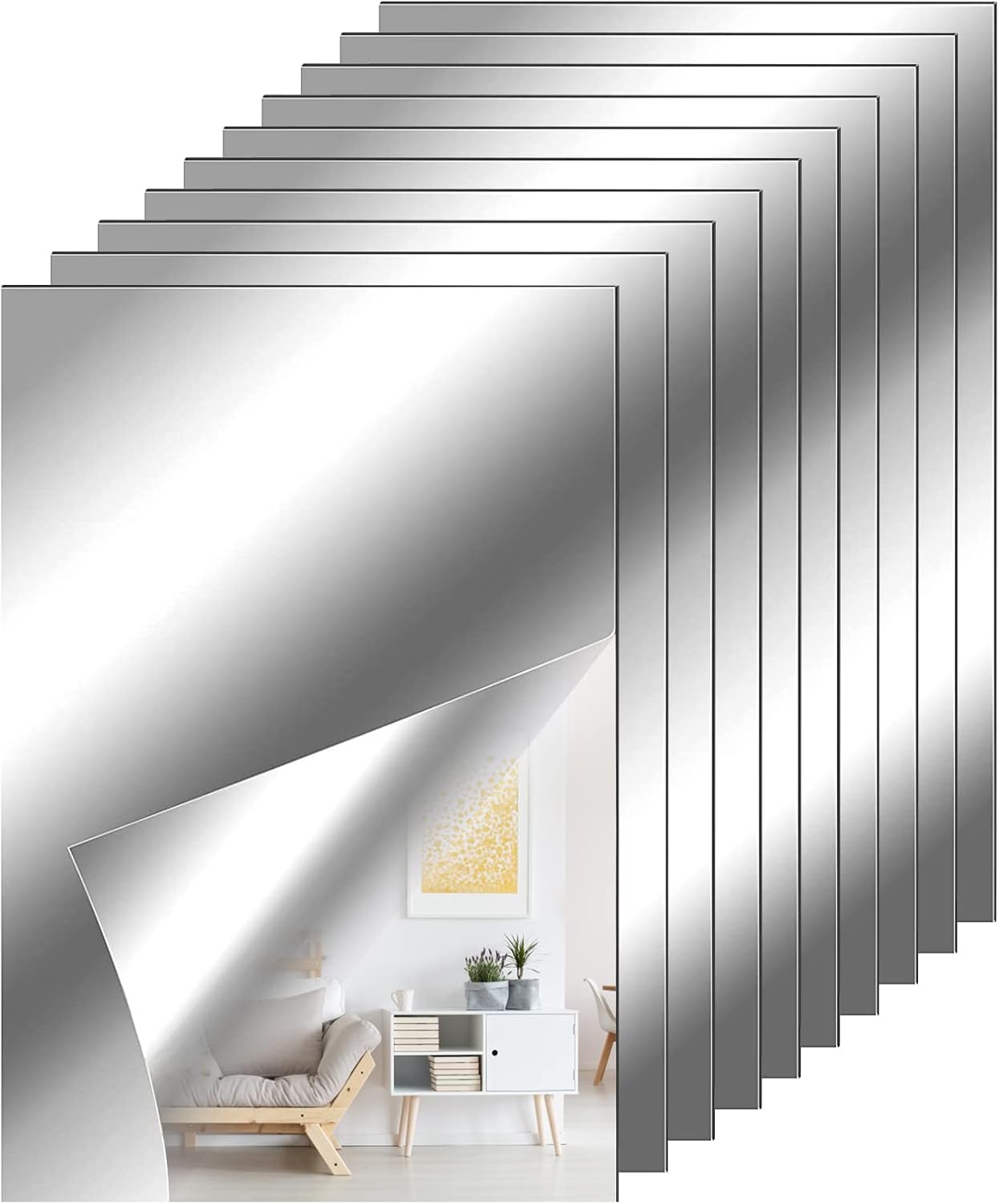 Xinjieda 10 Pieces Self Adhesive Acrylic Mirror Sheets, Flexible Adhesive Non Glass Mirror Wall