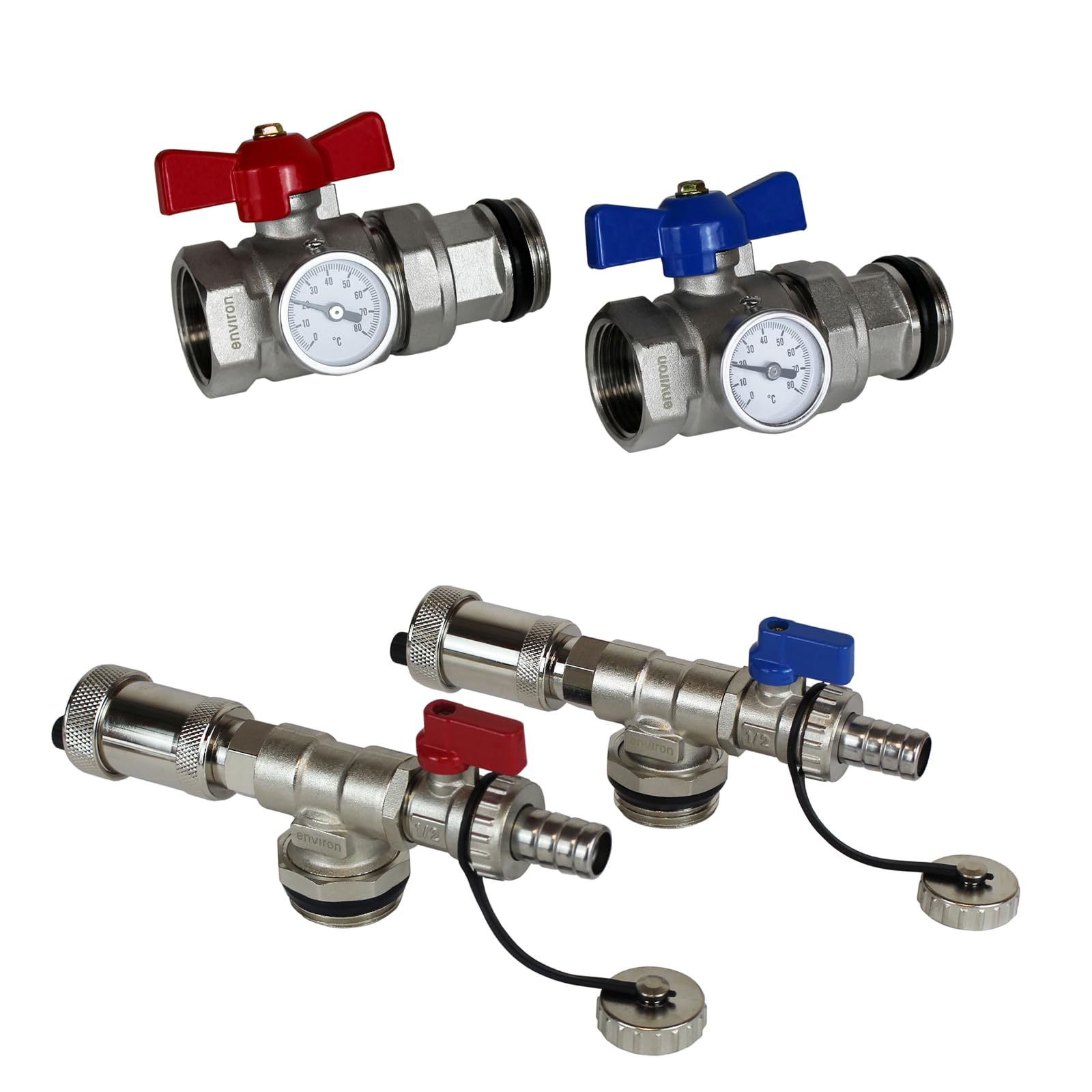 ENVIRON- Heizkreisverteiler [2-12 Heizkreise] mit Festwertregelset, Kugelhahn Set und Schnellentlüfter Set | Hocheffizienzpumpe (Wilo Para 25/6, 6 Heizkreise)