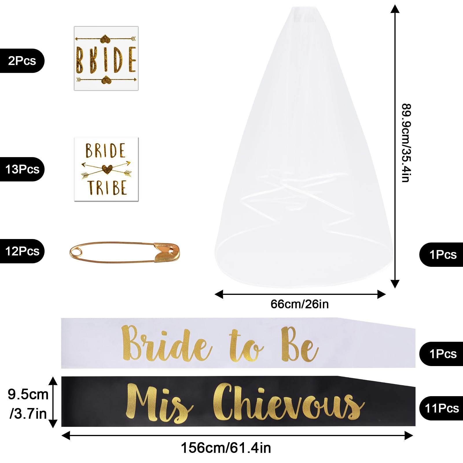 12Pcs Hen Party Accessories Sashes Sets, 1 White Bride to Be Sash, 11 Black Team Bride Sashes with 1 Veil, White and Black Hen Party Accessories for Wedding Bridal Shower Party Decorations - Image 2