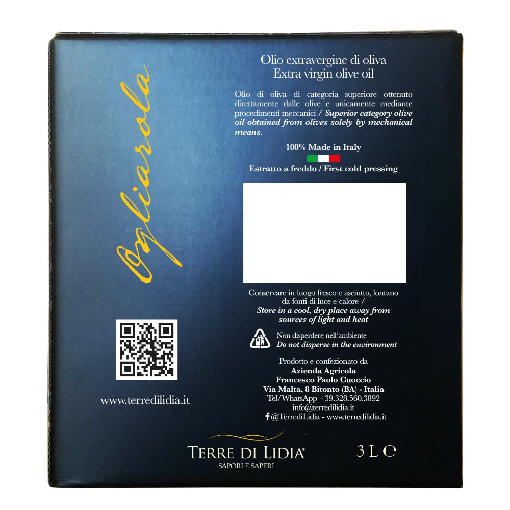 Terre di Lidia - 4 Pièces - Huile d'olive extra vierge - 4 x Bag in Box 3L-Produit 100% italien - Coratina+Ogliarola - Campagne 2025/2026