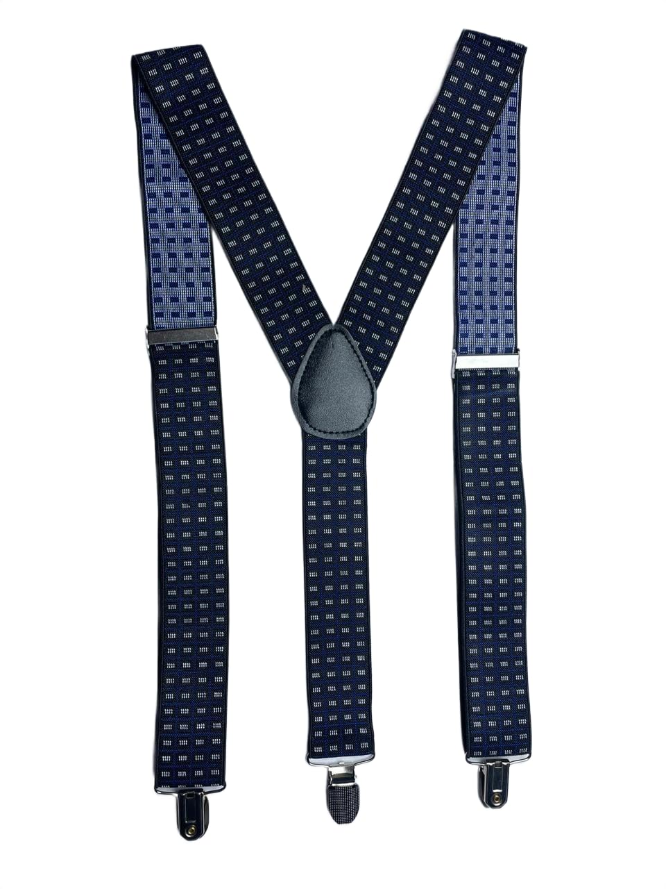 Men’s Adjustable Y-Back Suspenders – Wide Clip-On Elastic Braces with Heavy-Duty Metal Clips, Navy Blue with White Square Pattern – Stylish Suspenders for Pants, Business & Casual Wear