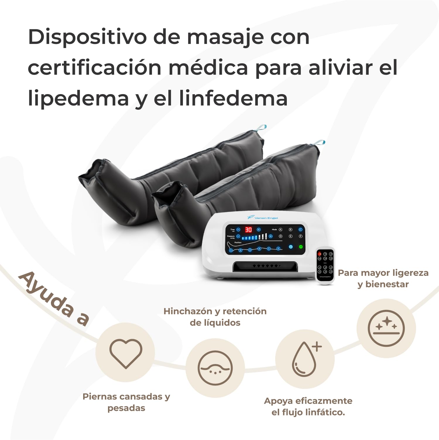 Venen Engel 6 Premium Equipo de masajes por presoterapia para casa con botas, 6 cámaras de aire desactivables, presión y tiempo configurable, 6 programas de masaje