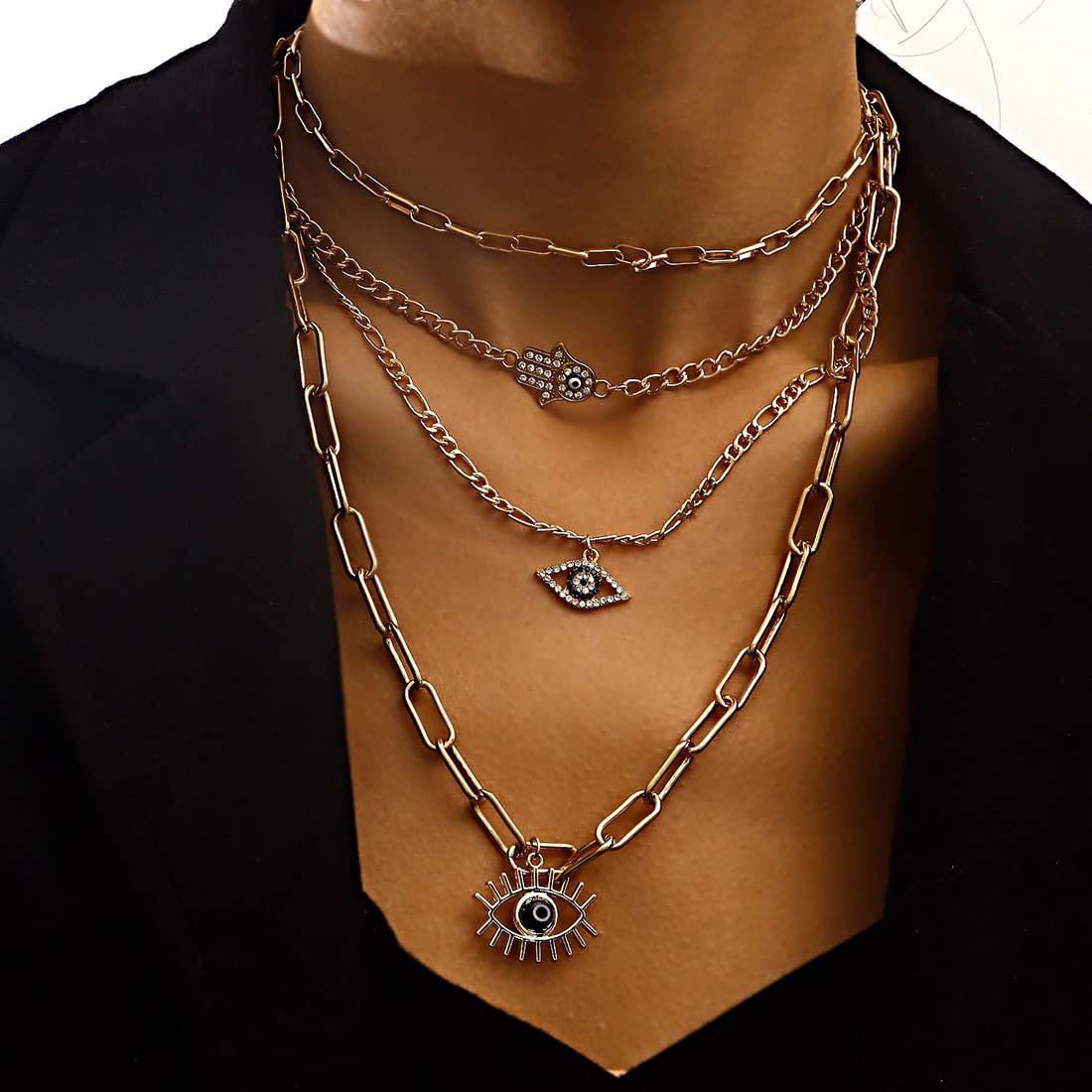 Plated Evil Eye & Buddha Hand Necklace