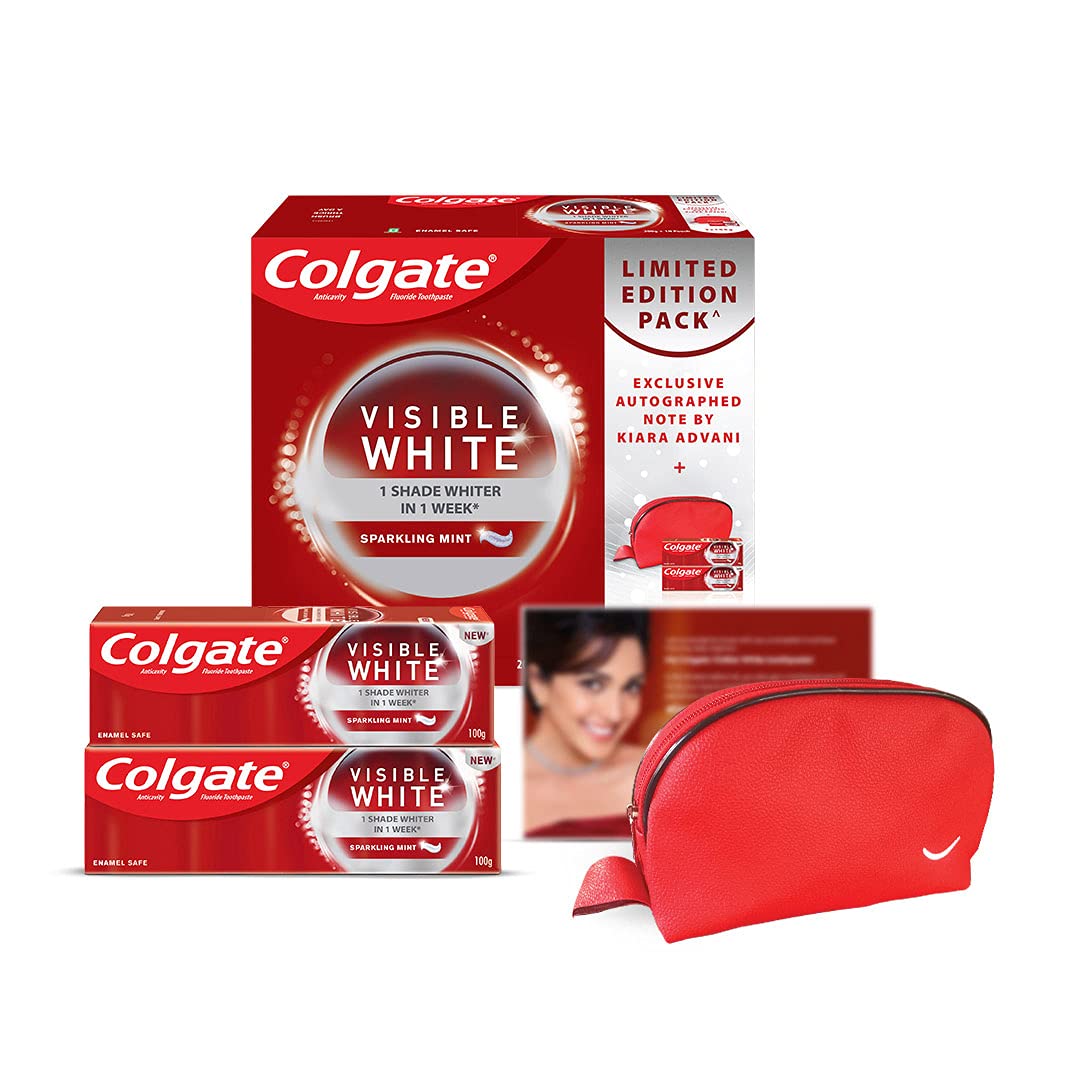 Visible White teeth Whitening toothpaste, 200gm with exclusive note by Kiara Advani & Red Make-up pouch (Limited Edition)