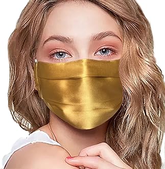 100% Mulberry Silk Face Mask Covering Men & Women Reusable with Ear loops Nose Wire Filter (Gold, Pleated With Filter and Nose Wire)