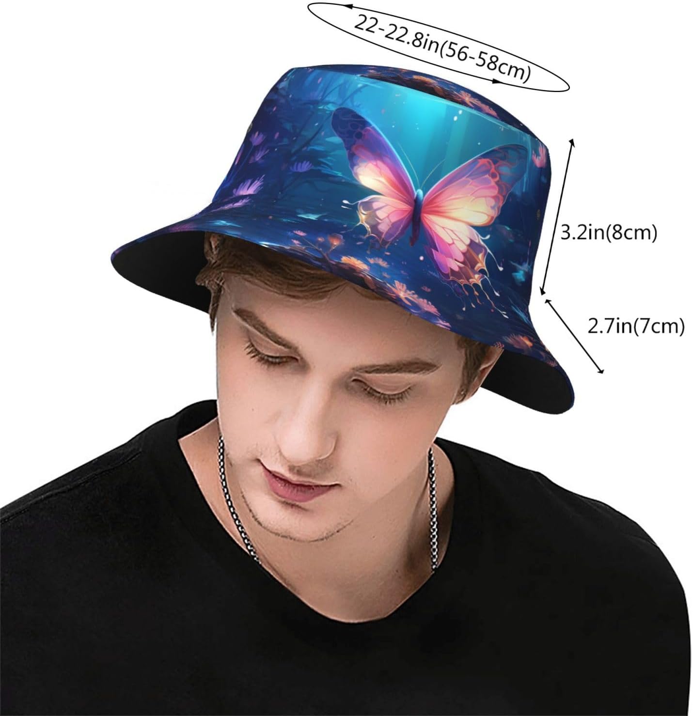 Flying Butterfly Prints Summer Outdoor Travel Bucket hat, a Beach Sun hat Suitable for Both Men and Women Black