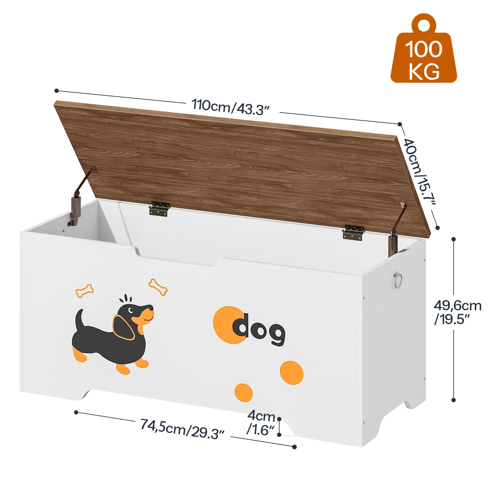 HOOBRO Cassapanca Bambini con Motivo Cane, Baule Giocattoli con 2 Maniglie Sicurezza, 110 x 40 x 49,4 cm, Panca Contenitore Stile Rustico Ingresso, Camera Letto, Soggiorno, Bianco e Noce EWH495CW01