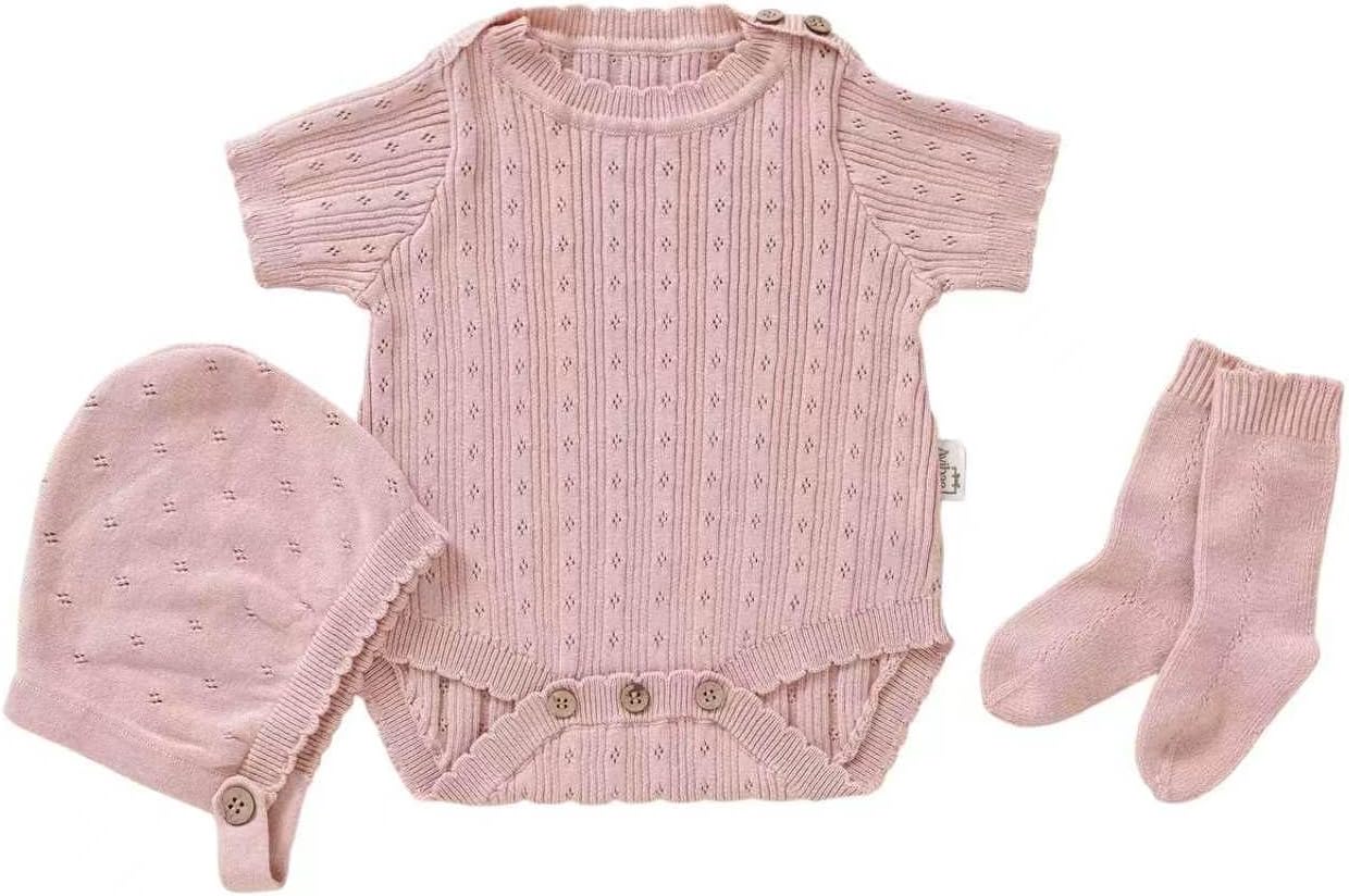 Avibae Cotton Baby Set with Knitted Short Sleeve Sweater, Hat, Socks, 3-Piece, for Newborns