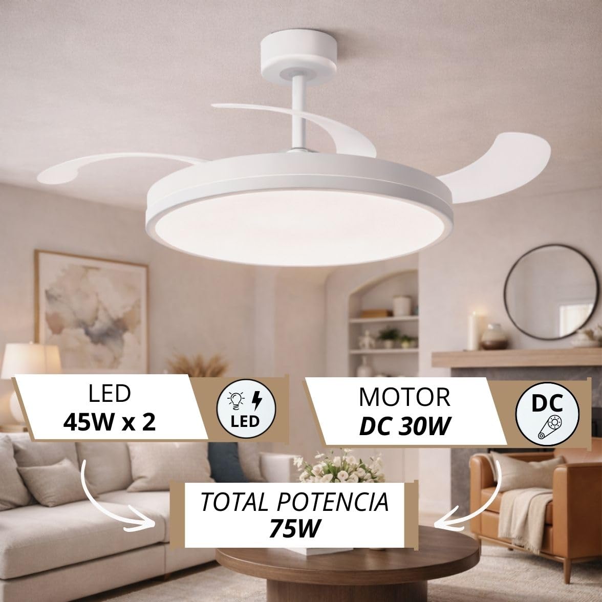 NARVI - Ventilador de Techo EDIMBURGO 1854 WH | Control Remoto | 3 Palas Transparentes | Cabezal Regulable 45w+10W - 3000K-6500K | Función Invierno/Verano | Blanco con