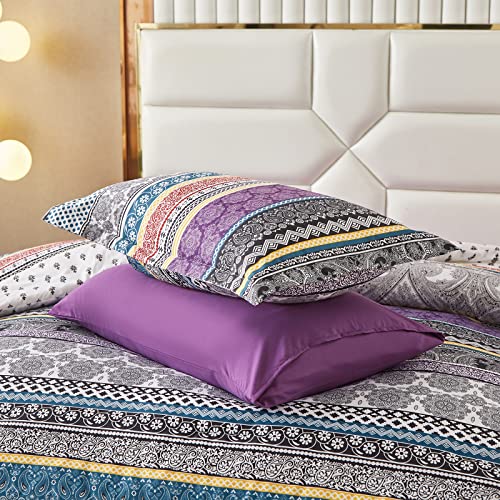 Image of Cottolester Boho Comforter Set Full Size 8 Piece Bed in a Bag Bohemian Striped Bedding Quilt Set Purple Paisley Floral Comforter and Sheet Set,Soft Microfiber Complete Bedding Sets for All Season