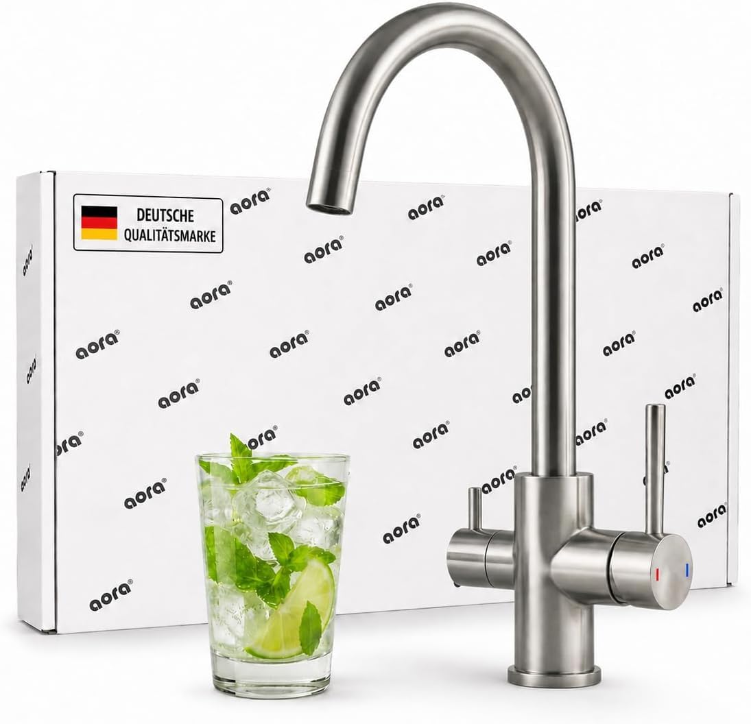 VANTO INOX 3 Wege Wasserhahn Küche Set – Edelstahl 304 Küchenarmatur Hochdruck – Untertisch Wasserfilter Trinkwasserfilter mit BRITA P1000, Filterkopf Schläuchen & Adapter | C-Auslauf