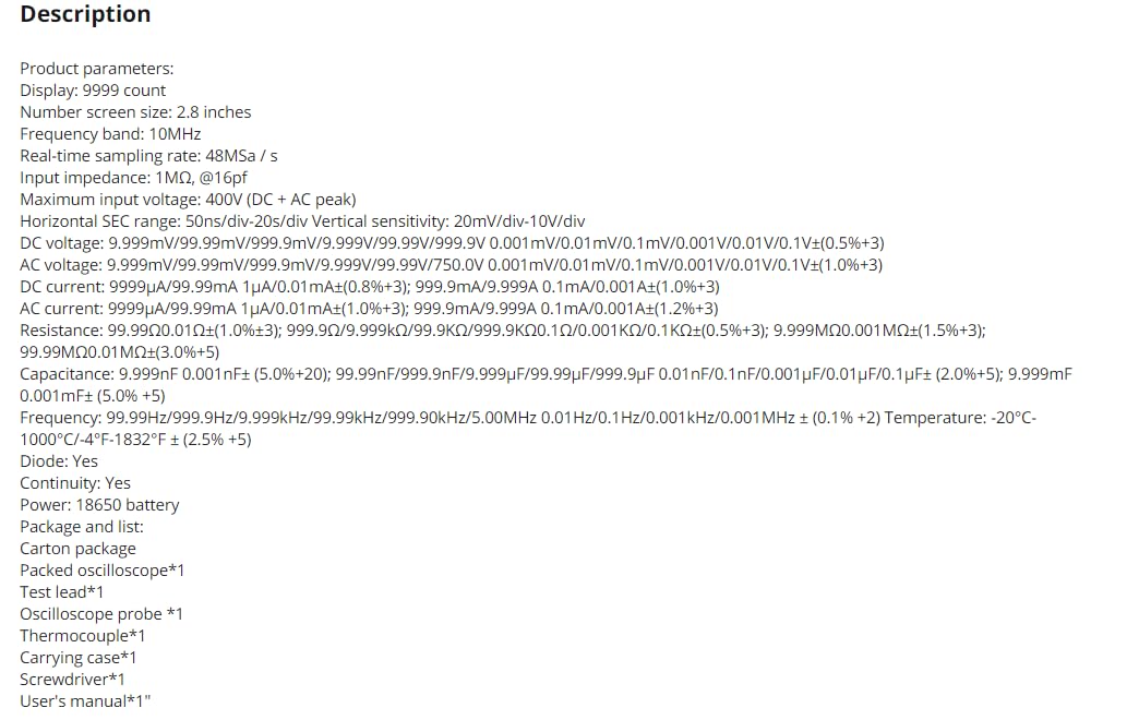 VIHELM ZT-702S Digital Oscilloscope Multimeter with included accessories