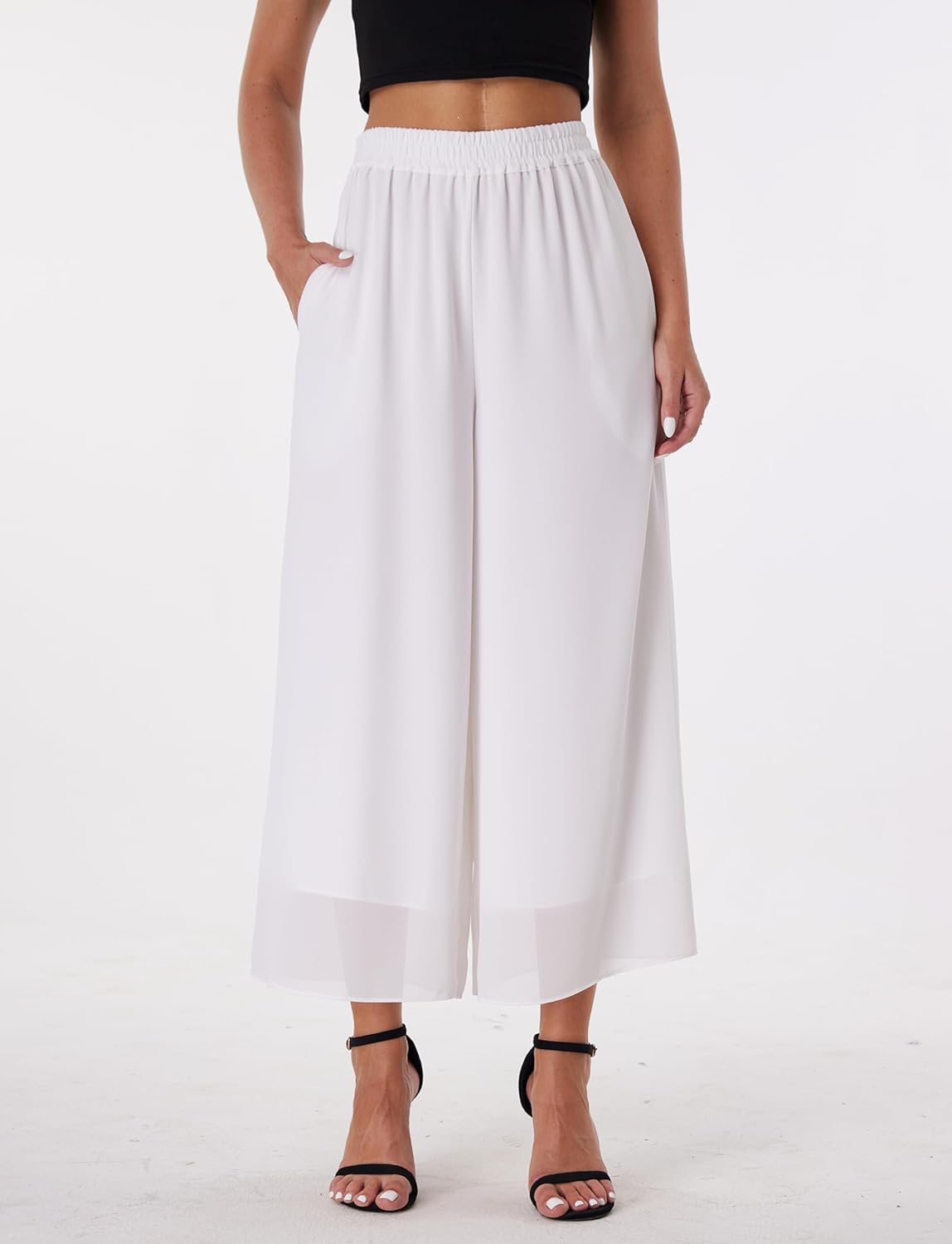 heipeiwa Women's Capris Crop Chiffon Pants Summer Beach Vacation Culottes Casual Dress Wide Leg Palazzo Pants - Image 2