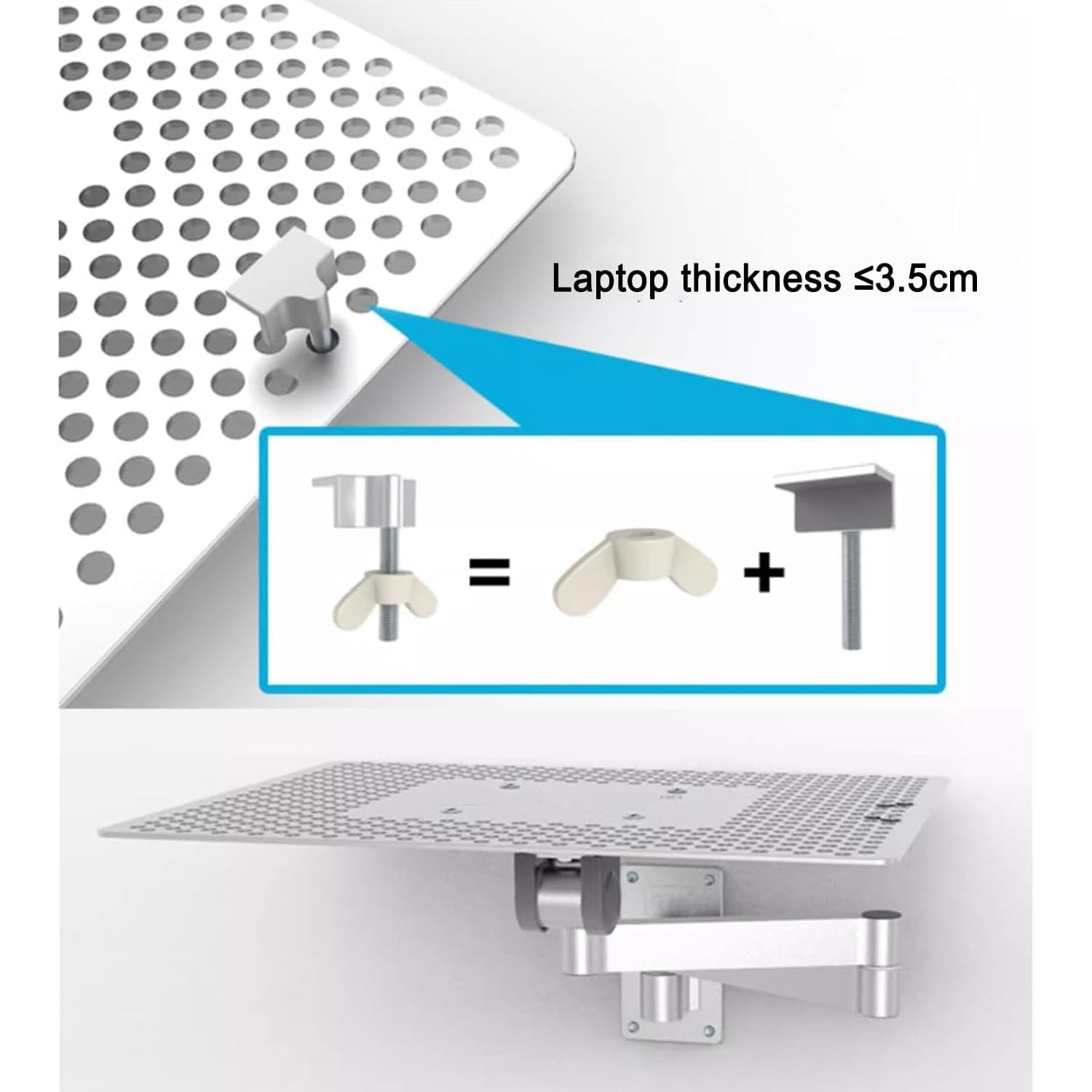 Supporto da parete pieghevole per laptop con supporto regolabile e vassoio per mouse, piattaforma di raffreddamento per uso in ufficio e postazione di lavoro
