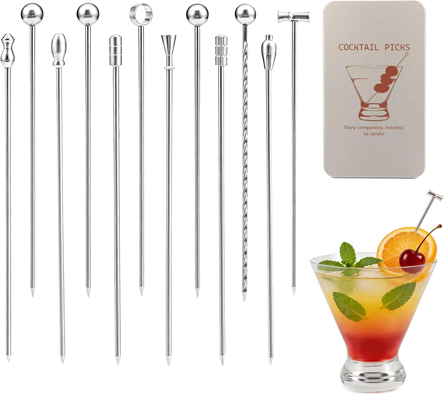 12PCS Metal Cocktail Picks, Stainless Steel Cocktail Picks for Drinks, Reusable Olive Stuffers Martini Pick set Fruit Toothpick Garnish Skewers Appetizer Stick for Bar (10 Styles Silver)
