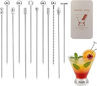 Metal Cocktail Martini Picks, 4.1 in Olive Skewers Stainless Steel, Martini Garnish Sticks Reusable, Metal Toothpicks for Drinks, Appetizers, Cheese, Bar Accessories Supplies Gift -(10 Styles Silver)