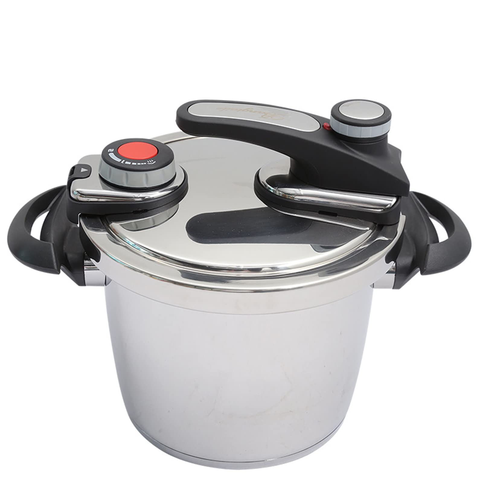 Pressure cooker with rotating handle safety lock Mirrored stainless steel for healthier faster and more uniform cooking Tightly sealed suitable for all types of hobs