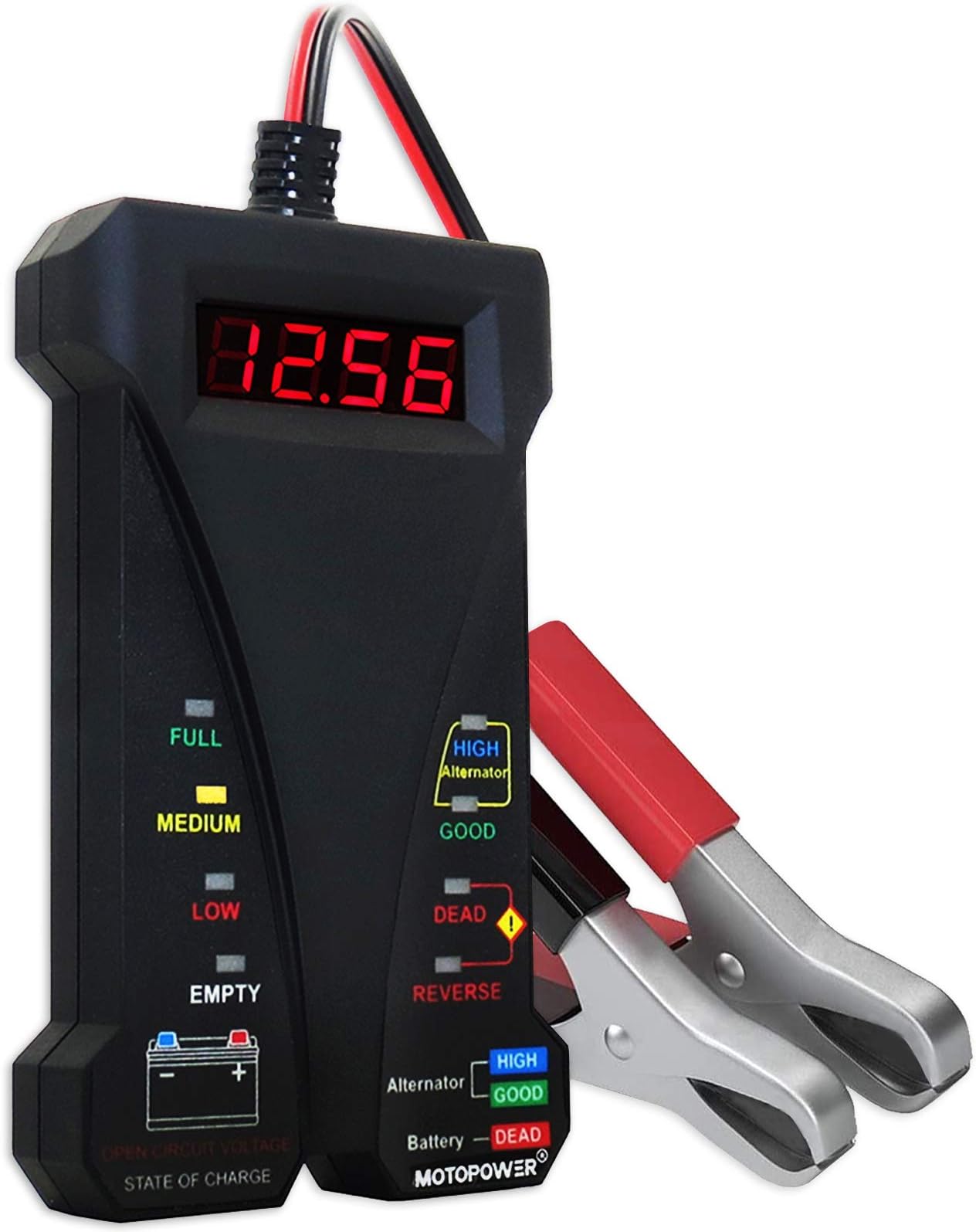 MOTOPOWER 12V Digital Battery Tester Voltmeter and Alternator Charging System Analyzer with LCD Display and LED Indication, Black Rubber Paint