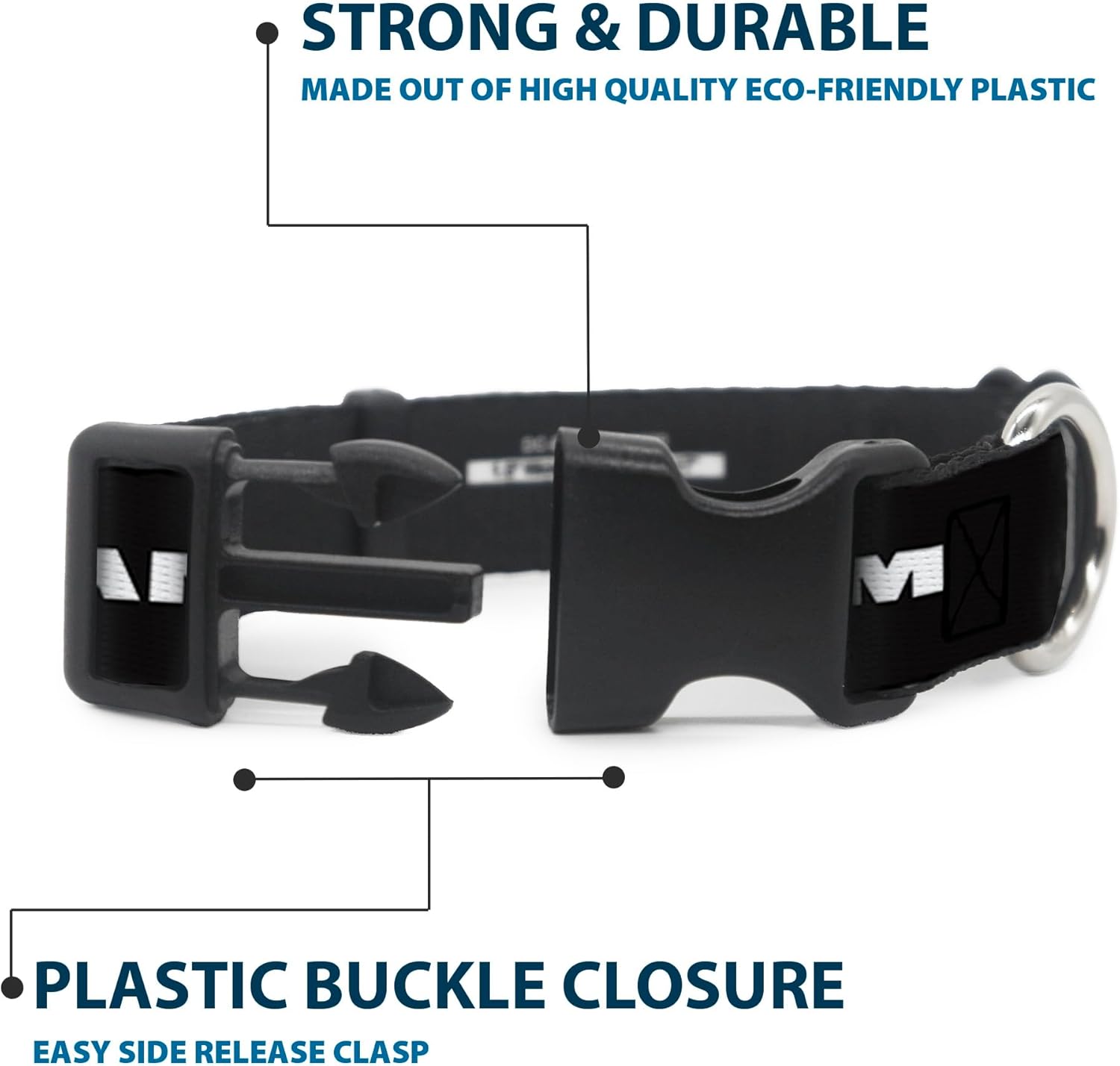 Buckle-Down Dog Collar Plastic Clip Ram Shield Logo Bold Text Black White 16 to 23 Inches 1.5 Inch Wide