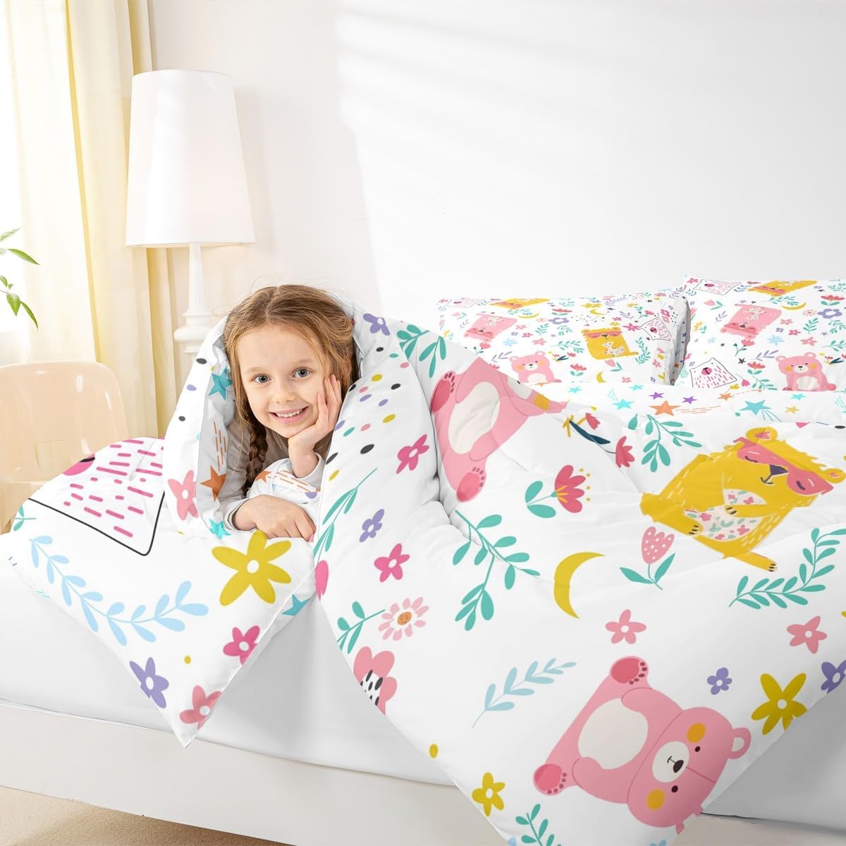 Cartoon Bear Kids Comforter Set,Cartoon Animals Print Down Alternative Adults Room Decor,Botanical Floral Leaves Ultra Soft Microfiber Inner Fill 3Pcs Bedding Queen Size