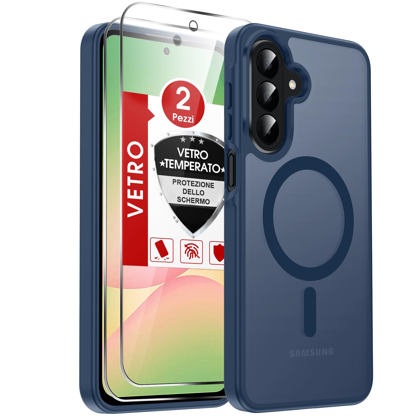 LeYi Cover Magnetica per Samsung A56 5G con Vetro Temperato (Blu Reale) | Custodia per Samsung Galaxy A 56 Traslucida Opaca Anti-Impronte Resistente Antigraffi TPU Bumper Antiurto Protettiva Case