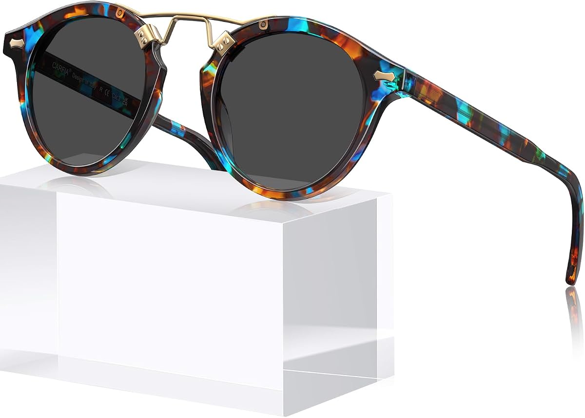 Gafas de sol redondas polarizadas de acetato con doble puente y cara pequeña CARFIA para mujer | Estilo de diseño de puente de metal retro, protección UV400, marco que no se decolora. Perfecto para conducir, playa, golf, diario y regalos.