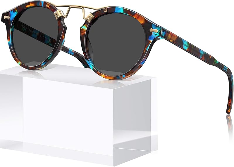 lentes de sol redondas polarizadas de acetato con doble puente y cara pequeña CARFIA para mujer | Estilo de diseño de puente de metal retro, protección UV400, marco que no se decolora. Perfecto para conducir, playa, golf, diario y regalos.
