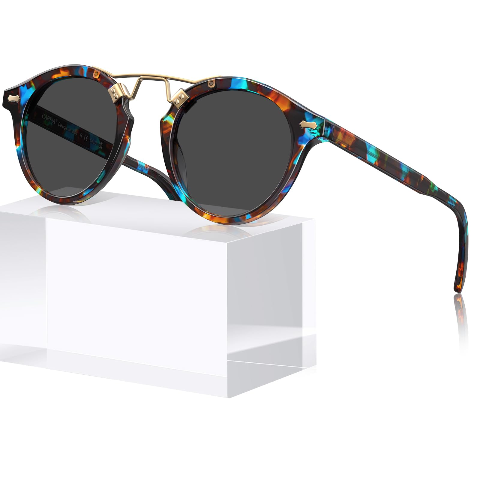 Small Face Acetate Polarized Sunglasses for Women UV Protection, Retro Double Bridge Eyewears Metal Brow Round Sunnies