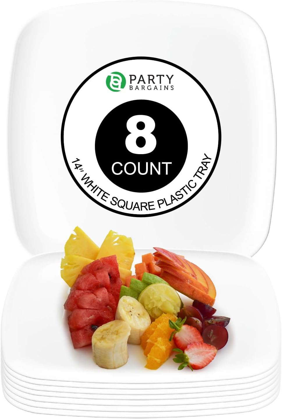 PARTY BARGAINS 14″ Disposable Plastic Serving Tray 8-Pack – White Square Party Platters for Snacks, Appetizers, Charcuterie, Weddings & Catering