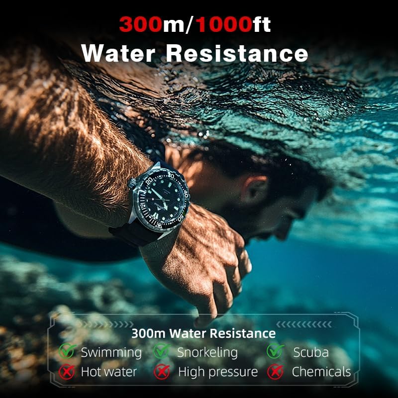 Image of a person underwater wearing the watch, with a chart indicating 300m water resistance is suitable for swimming, snorkeling, and scuba, but not hot water, high pressure, or chemicals.