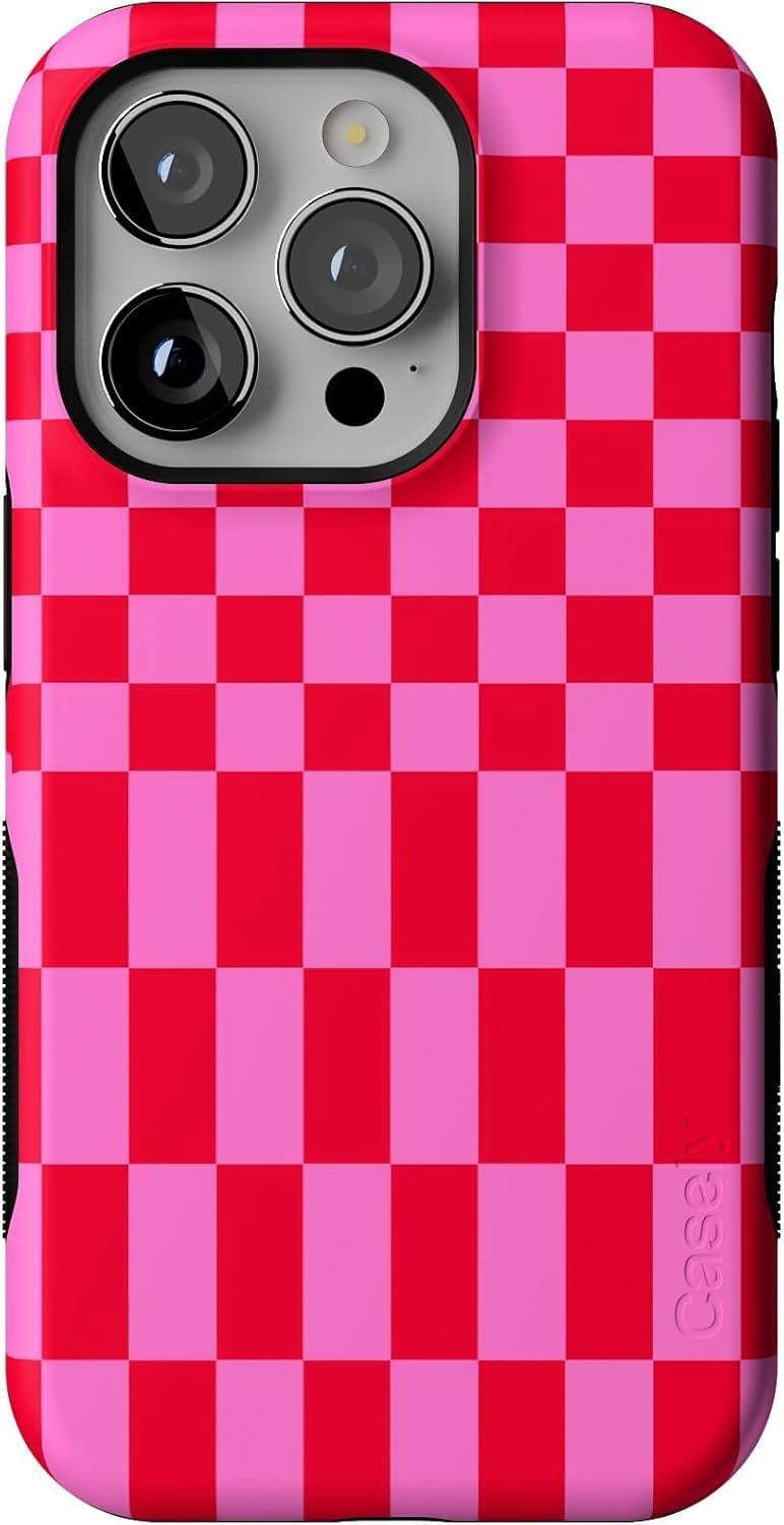 Casely iPhone 14 Pro Case | Vibe Check | Pink Checkerboard | Bold Protective Design | Compatible with MagSafe