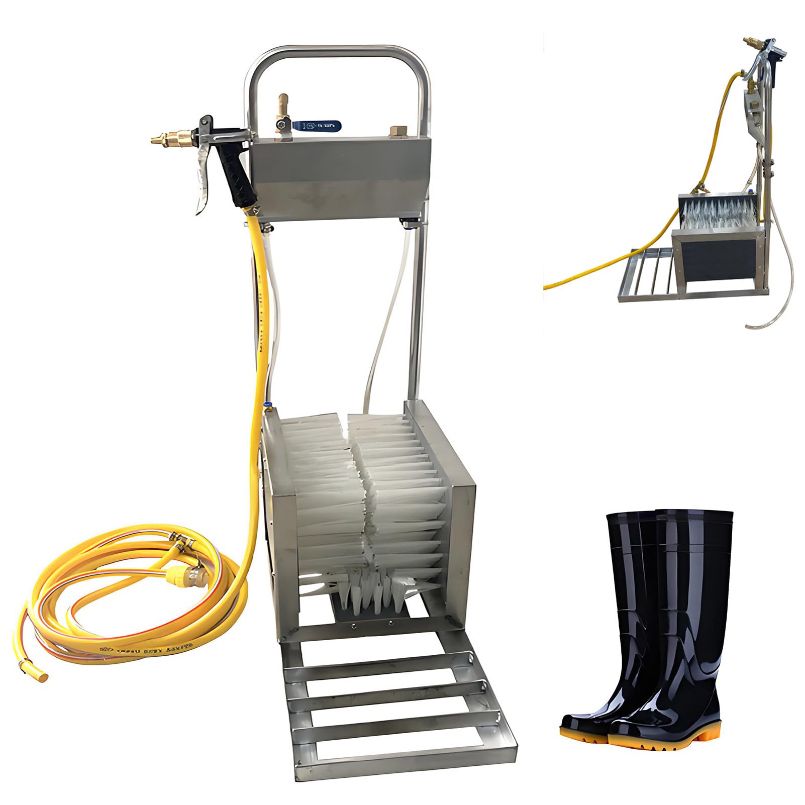 Livestock Farm Boot Washer, Outdoor Manual Shoe Washing Machine for Pig Farms, Stainless Steel Boot Scrubber with Water Spray Gun, 360° All-Around Cleaning