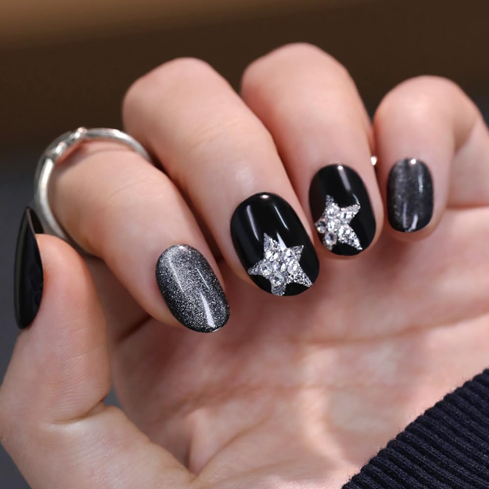 evpct Black Goth Cat Eye Short Press on Nails Oval, Short Oval Stick on Nail for Women Gift, Gothic Silver Star Metallic Glitter Glossy Reusable