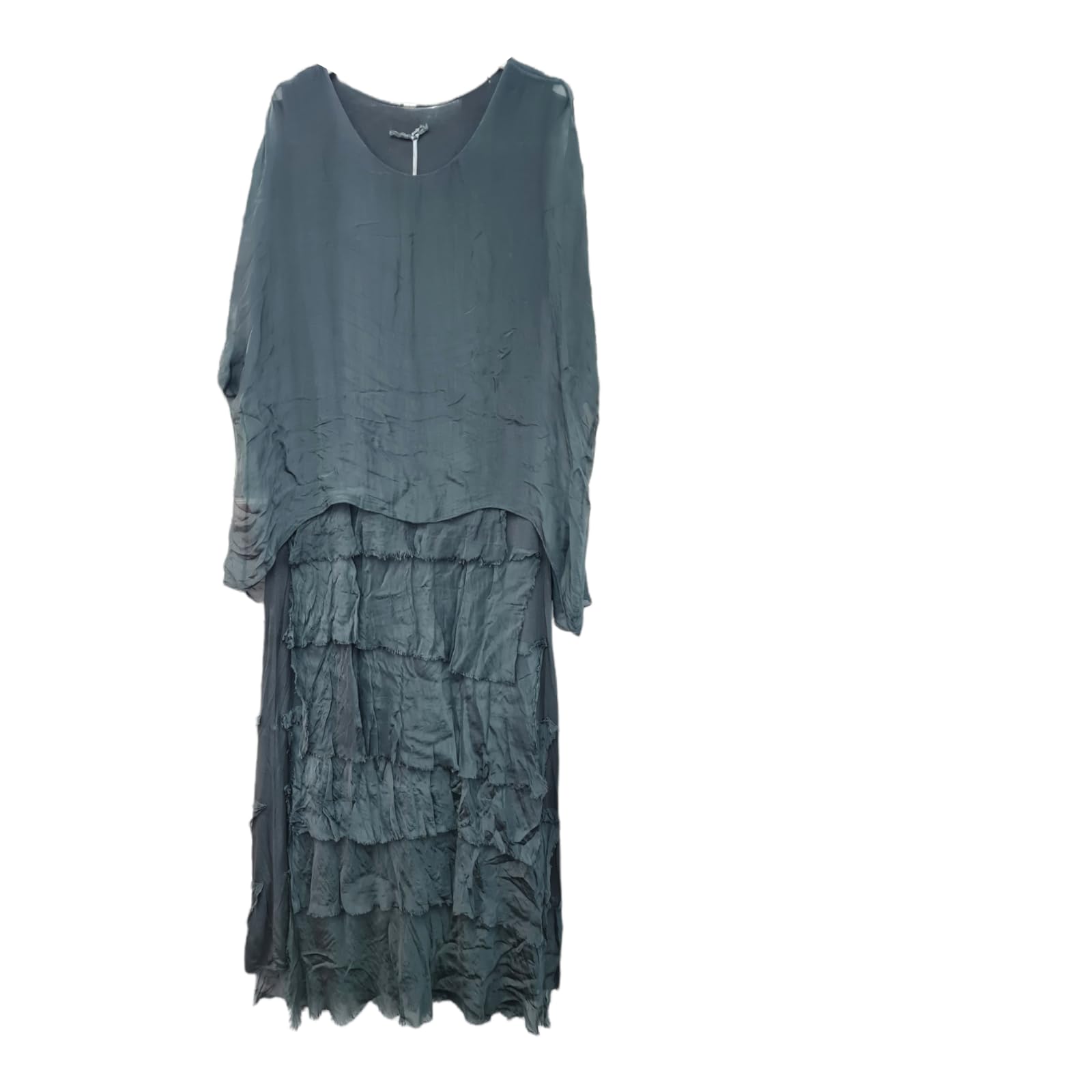 Alam Exclusive Women's Charcoal Italian Lagenlook Plain Short Sleeve Frill Frayed Detail Silk Midi Maxi Dress One Size (As8, Numeric, Numeric_8, Numeric_16, Regular, Regular, )