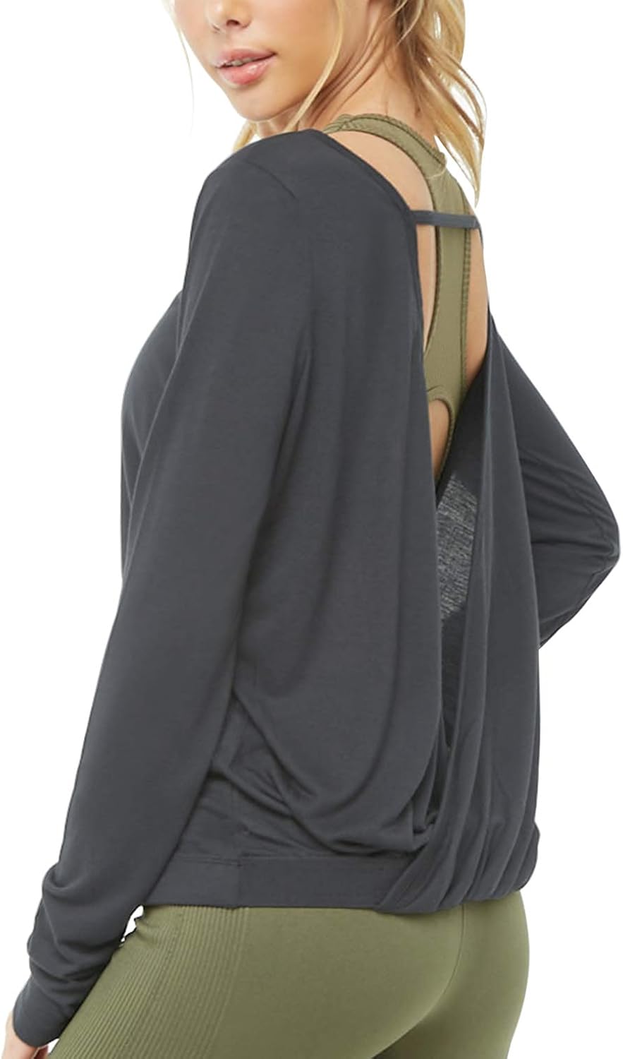 Muzniuer Women's Long Sleeve Open Back Workout Shirts Loose Backless Yoga Shirts Thumb Hole Shirts - Image 3