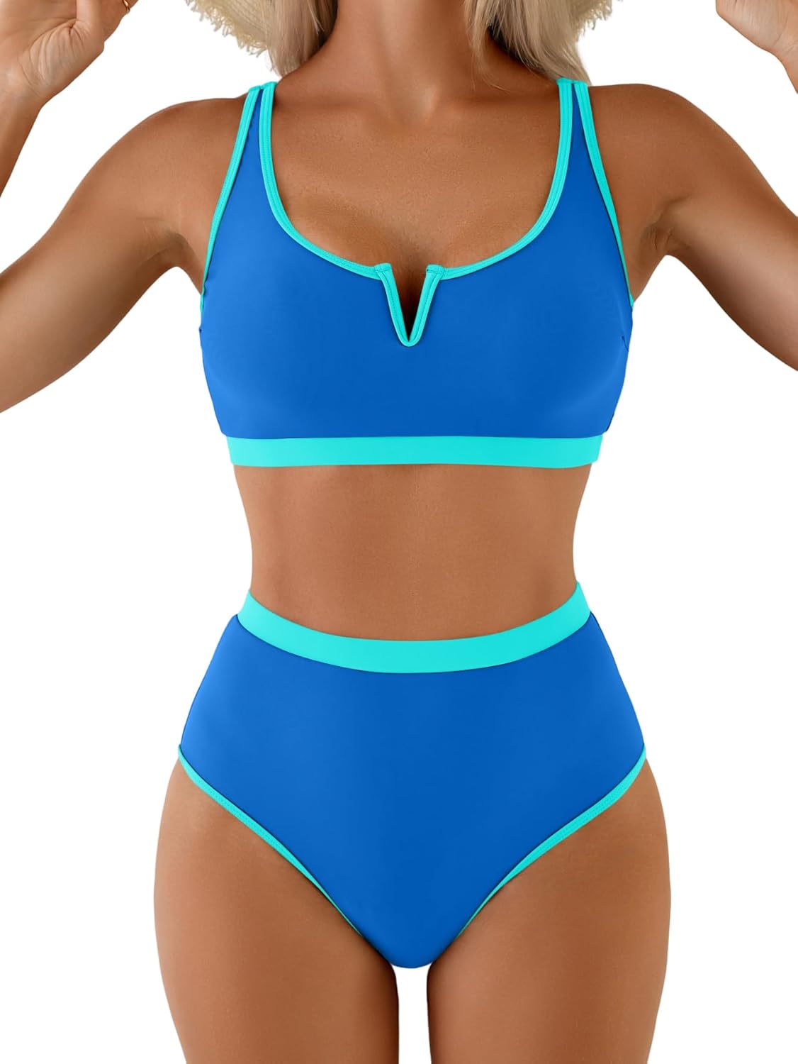 Women's High Waisted Bikini Sets Color Block Two Piece Swimsuits Sporty V Neck Bathing Suit