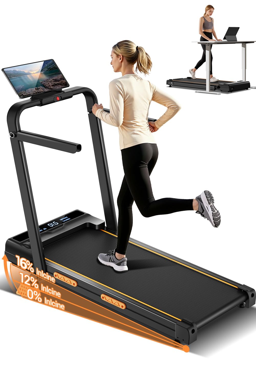 CURSOR Laufband für Zuhause klappbar 10KM/H, 16% Laufband mit Steigung für Zuhause mit Bürstenlosem Motor, 3.0 HP Laufbänder mit Handläufen, Walking Pad mit Steigung max. Belastung 159KG